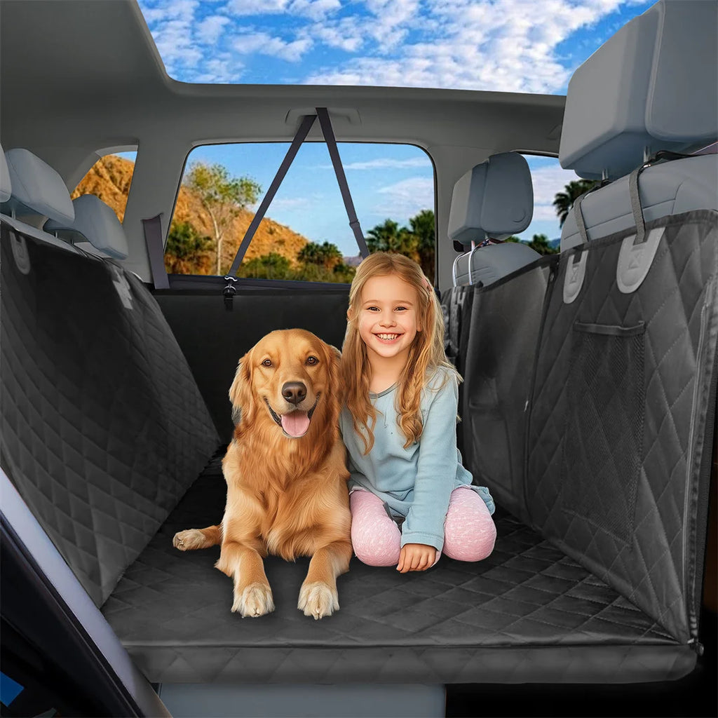 Black hard-base dog back-seat extender fitted across a rear bench