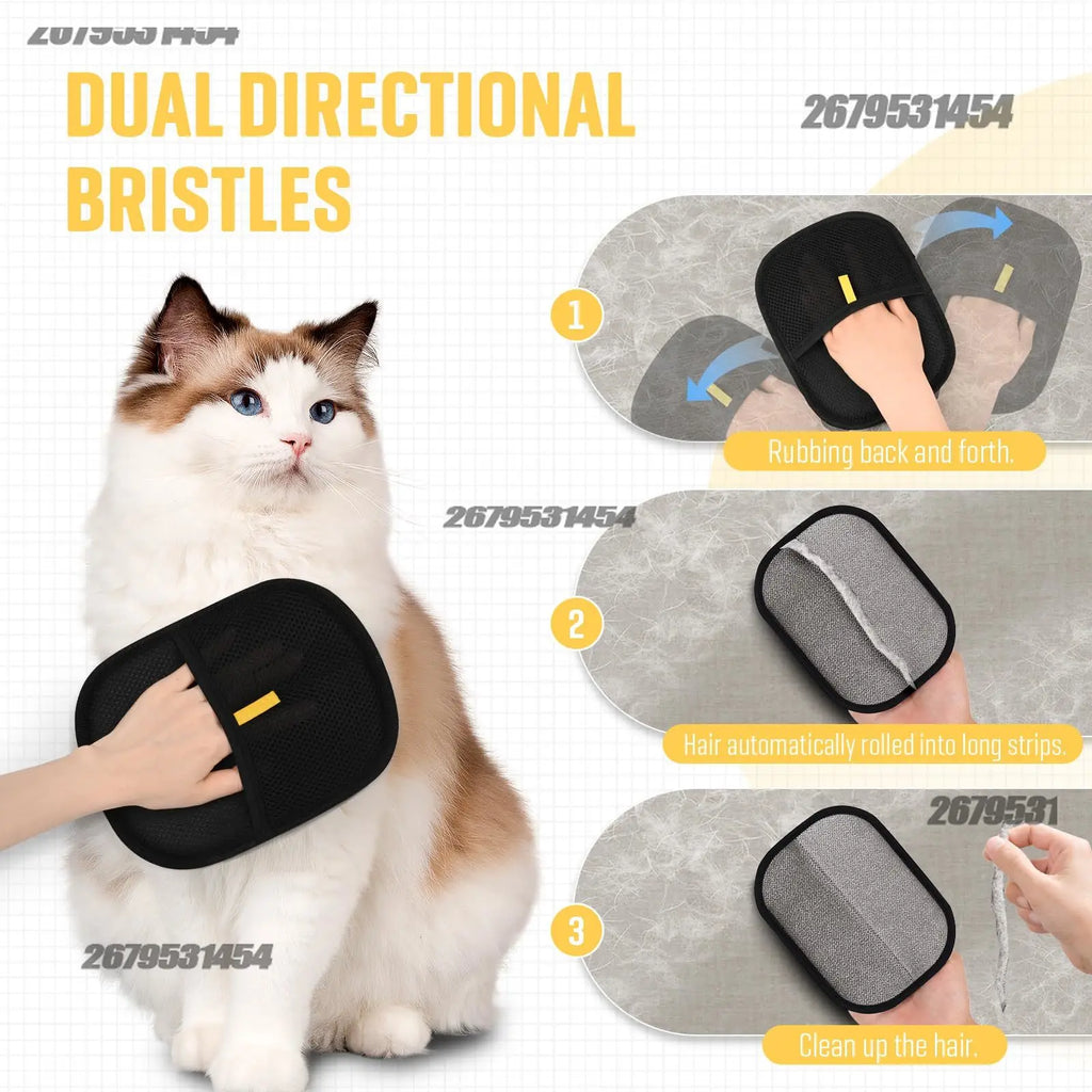 Black pet hair removal mitt used on a cat and a dog